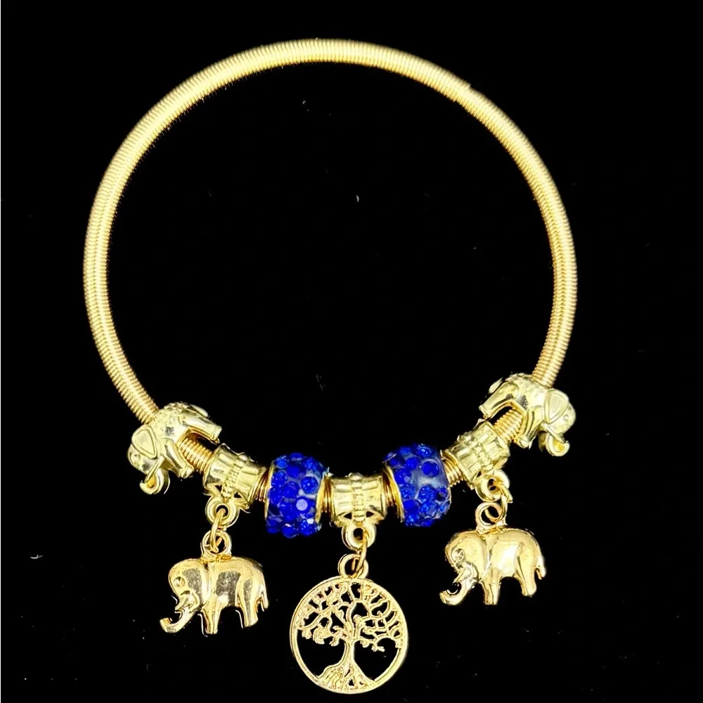 Gold Charm Bangle Bracelet Elephant Tree of Life Blue Rhinestone Beads - Picture 4 of 6